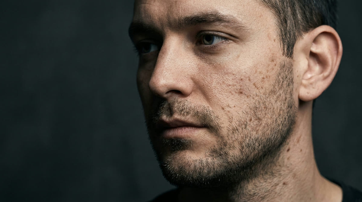 Close-up of a man with post-acne marks across his cheek and jawline