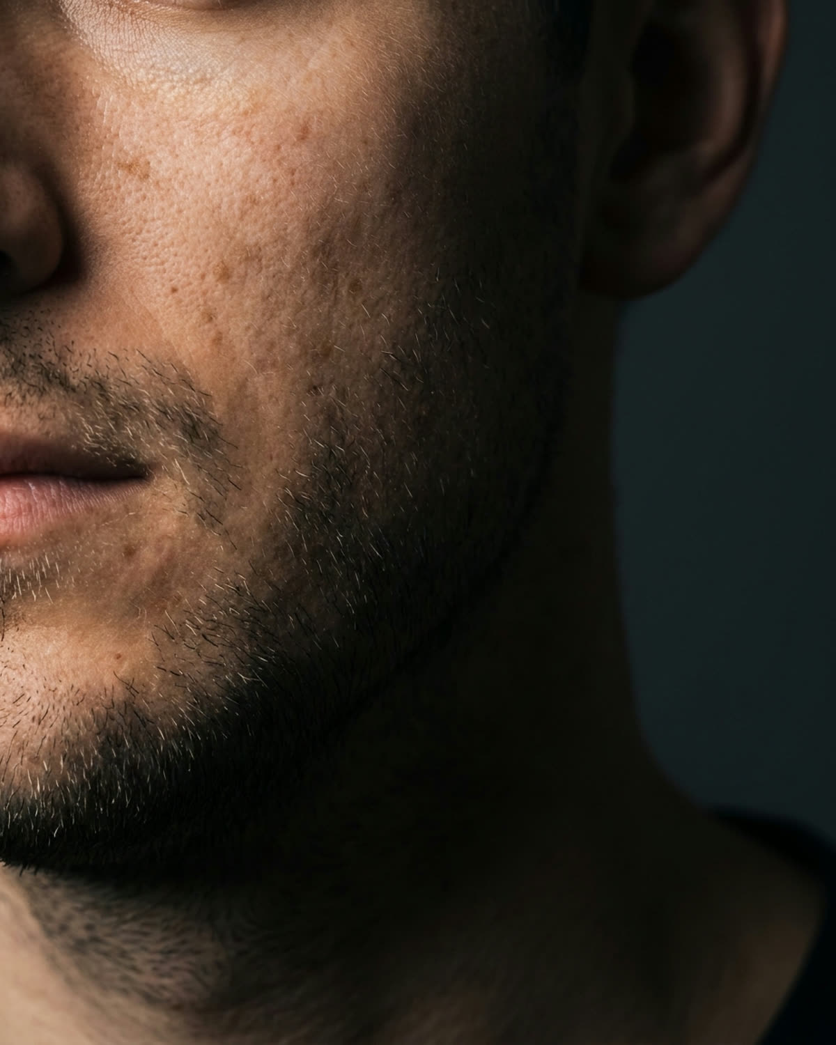 Close-up of a man's cheek showing post-acne marks