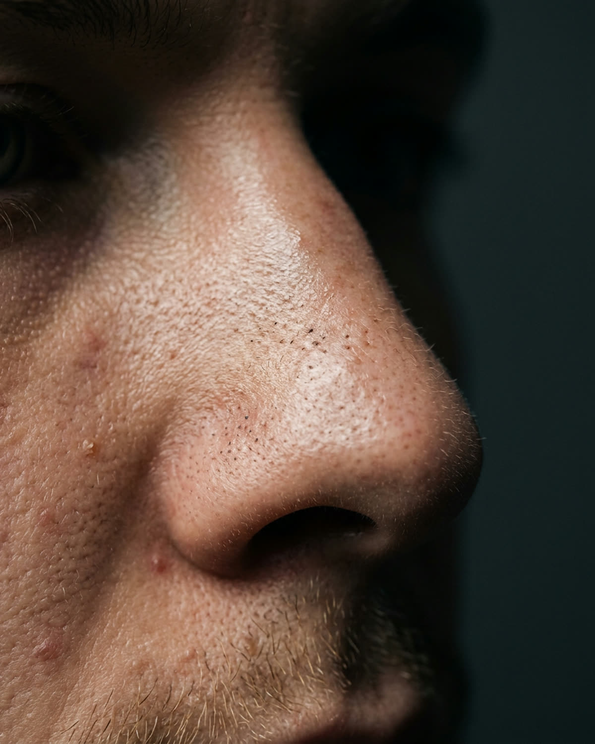 Close-up of a man's nose showing blackheads