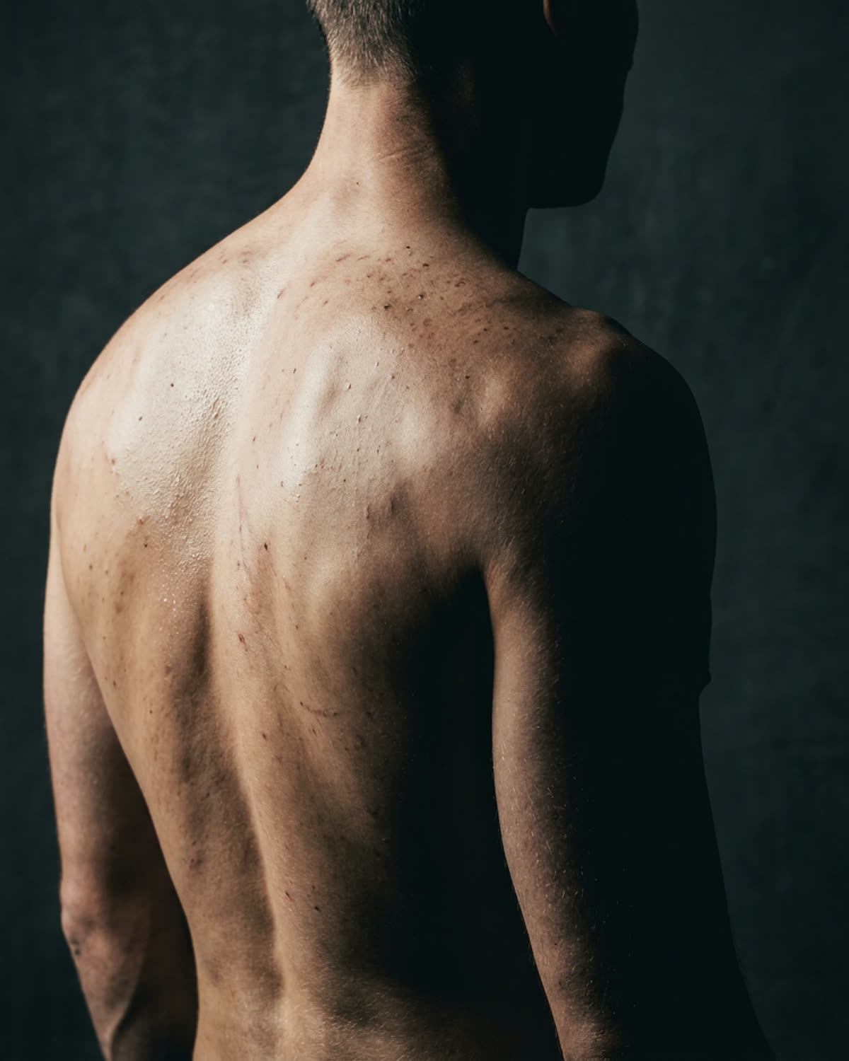 A man's upper back and shoulder showing breakouts