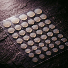 Hydrocolloid patches on their backing sheet under raking light