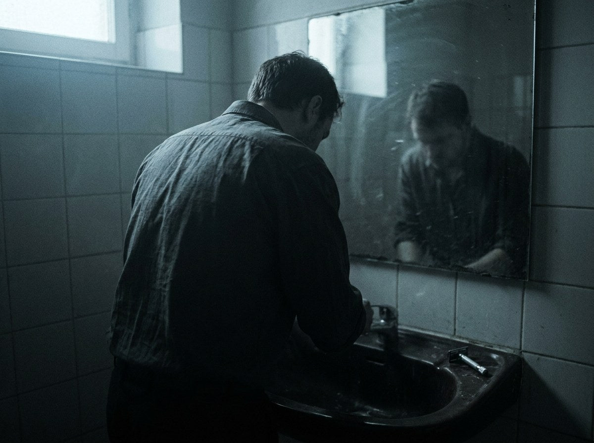 A man at a dark bathroom mirror before work, face not legible