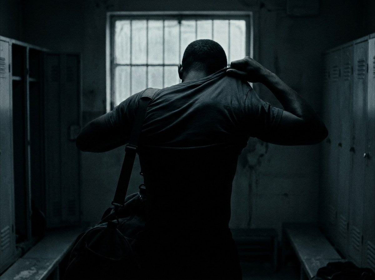 A man pulling a training shirt over his head in a dim locker room